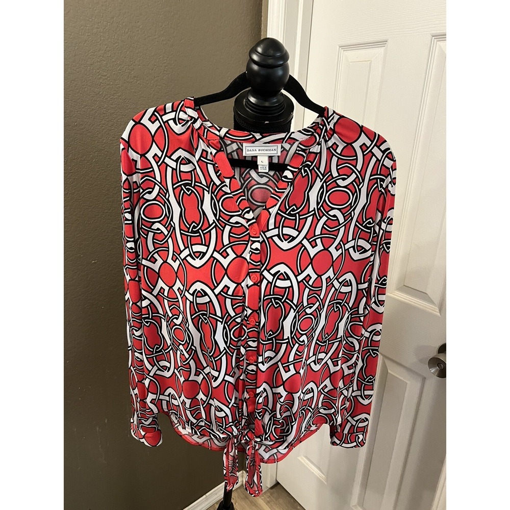 Dana Buchman Button Down Blouse Size Large RN 73277 Red Black‎ White